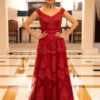 Ruby Red Embroidered Cocktail Gown