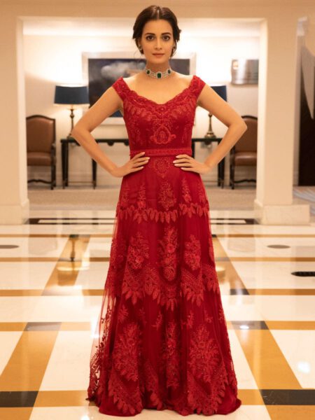 Ruby Red Embroidered Cocktail Gown