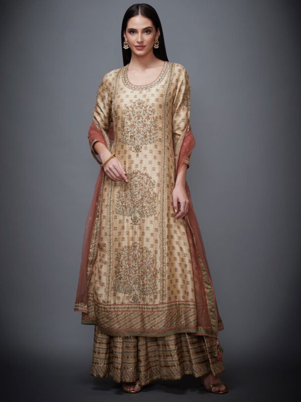 Beige & Rust Embroidered Suit Set