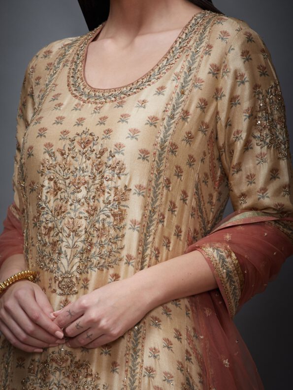 Beige & Rust Embroidered Suit Set