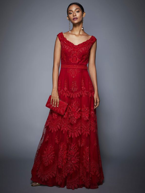 Ruby Red Embroidered Cocktail Gown