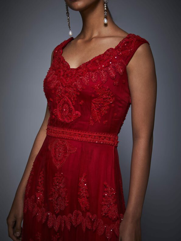 Ruby Red Embroidered Cocktail Gown