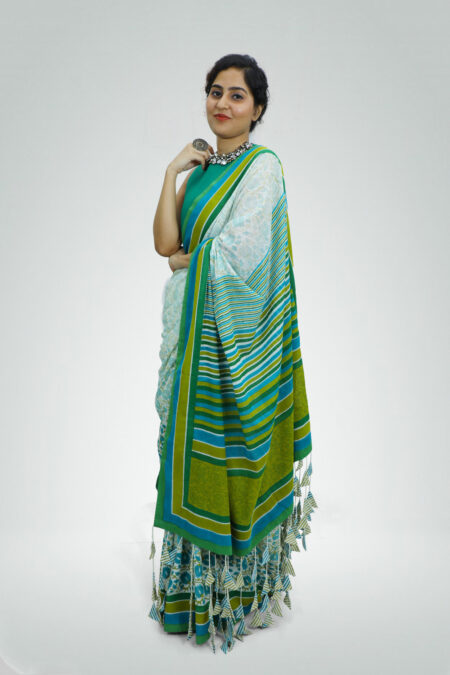 Green Floral Block Printed Saree with Dramatic Tassel | TAAPMAAN