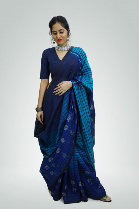 Ombre Saree with Flower and Bird Motif Block Print | TAAPMAAN