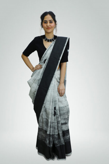 Monochrome Ombre Texture Saree Block Print | TAAPMAAN