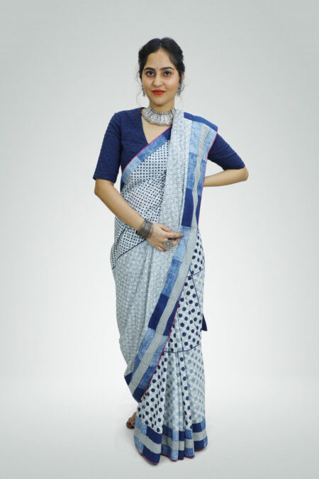 Indigo Geometric Printed Saree with Printed Tassel | TAAPMAAN