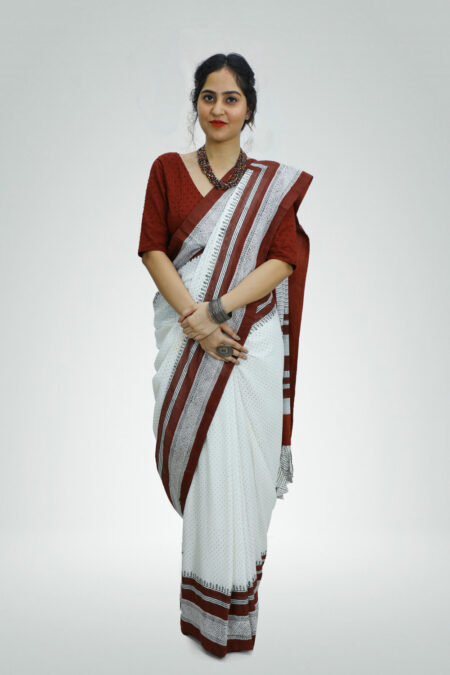 Maroon and Off-White Geometric Printed Saree | TAAPMAAN