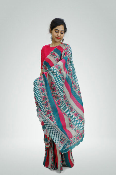 Stripe and Floral in Teal and Fuchsia Printed Saree | TAAPMAAN