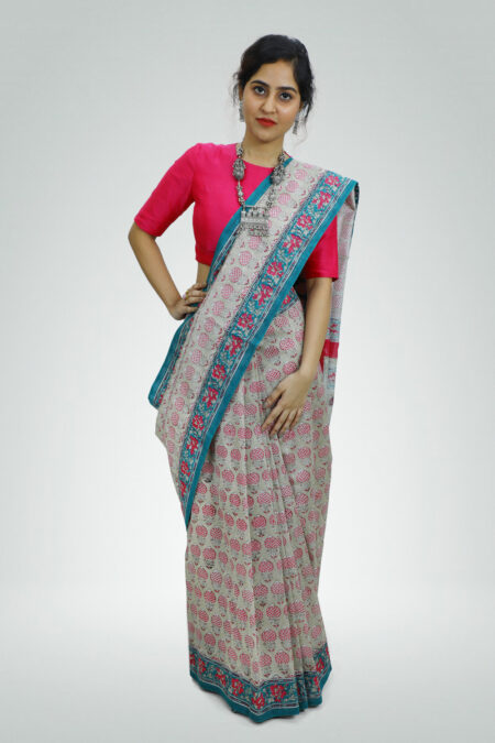 Anar Motif Jaal with Floral Border Printed Saree | TAAPMAAN