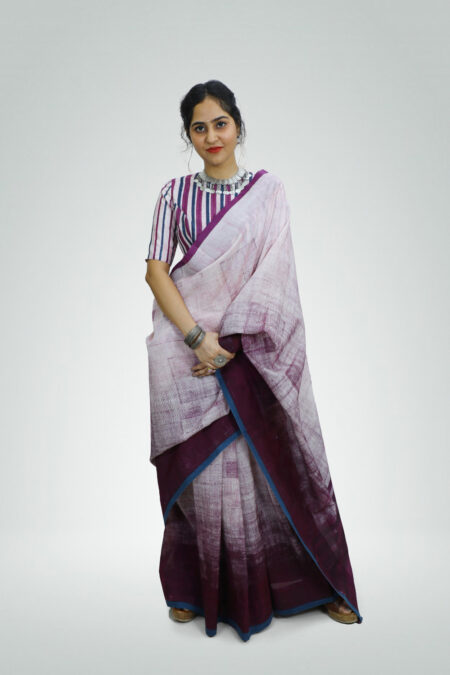Tonal Geometric Plum Ombre Texture Printed Saree | TAAPMAAN