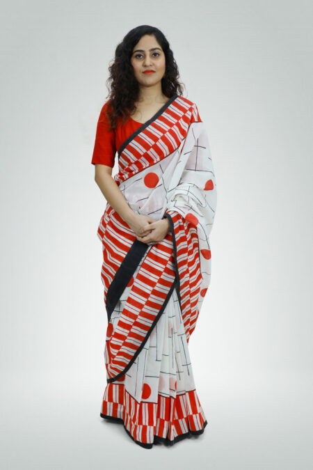 Stripe and Dot Printed Saree | TAAPMAAN