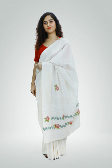 Tonal Ivory Khari Rose Motif Printed Saree | TAAPMAAN
